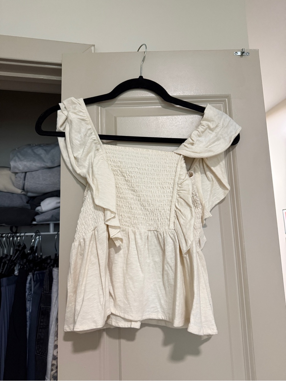 American Eagle Outfitters Cream Ruffle Smocked Tank Top